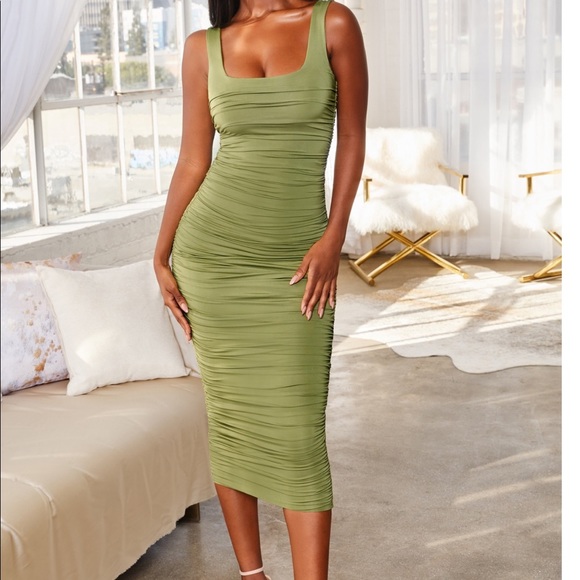 oh polly ruched midi dress